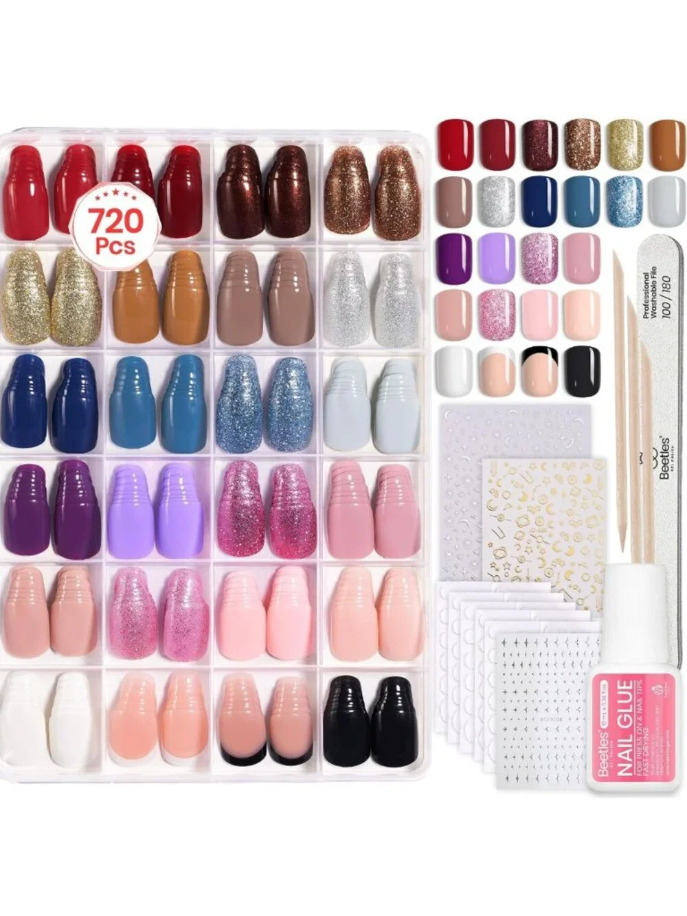Vibrant Press On Nails Kit - 720 Pcs, 24 Colors, Short Square, Bubble Pop Design